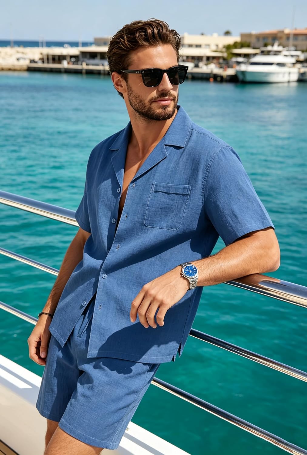 SWOMOG Men Summer Outfit Casual Short Sleeve Pocket Button Down Shirt Elastic Shorts 2 Piece Cotton Tracksuit