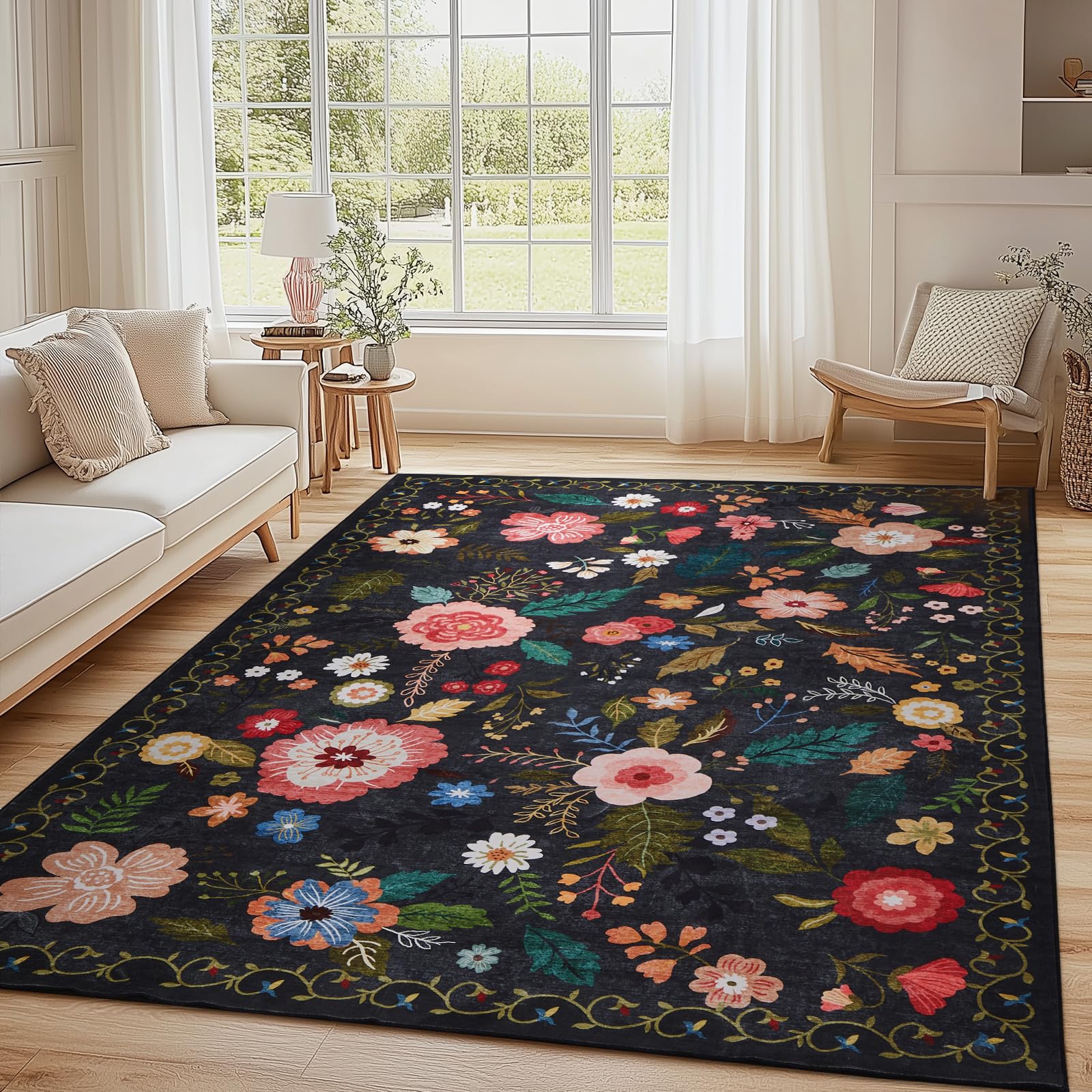 Rug for Living Room, 5x7 Area Rug Floral Vintage Rug for Bedroom Non-Slip Non Shedding Indoor Floor Carpet, Low Pile Foldable Stain Resistant Carpet