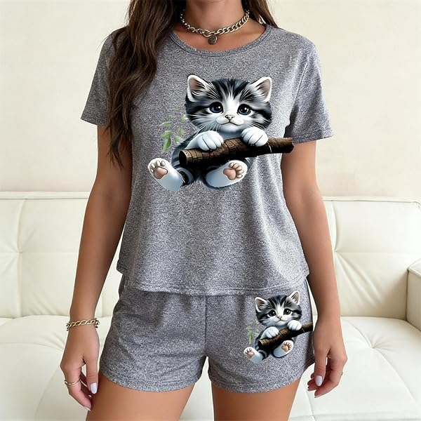 Ensemble pyjama à manches courtes avec short imprimé chat pour femme, ensemble de vêtements d'intérieur féminins confortables (taille M) - 1