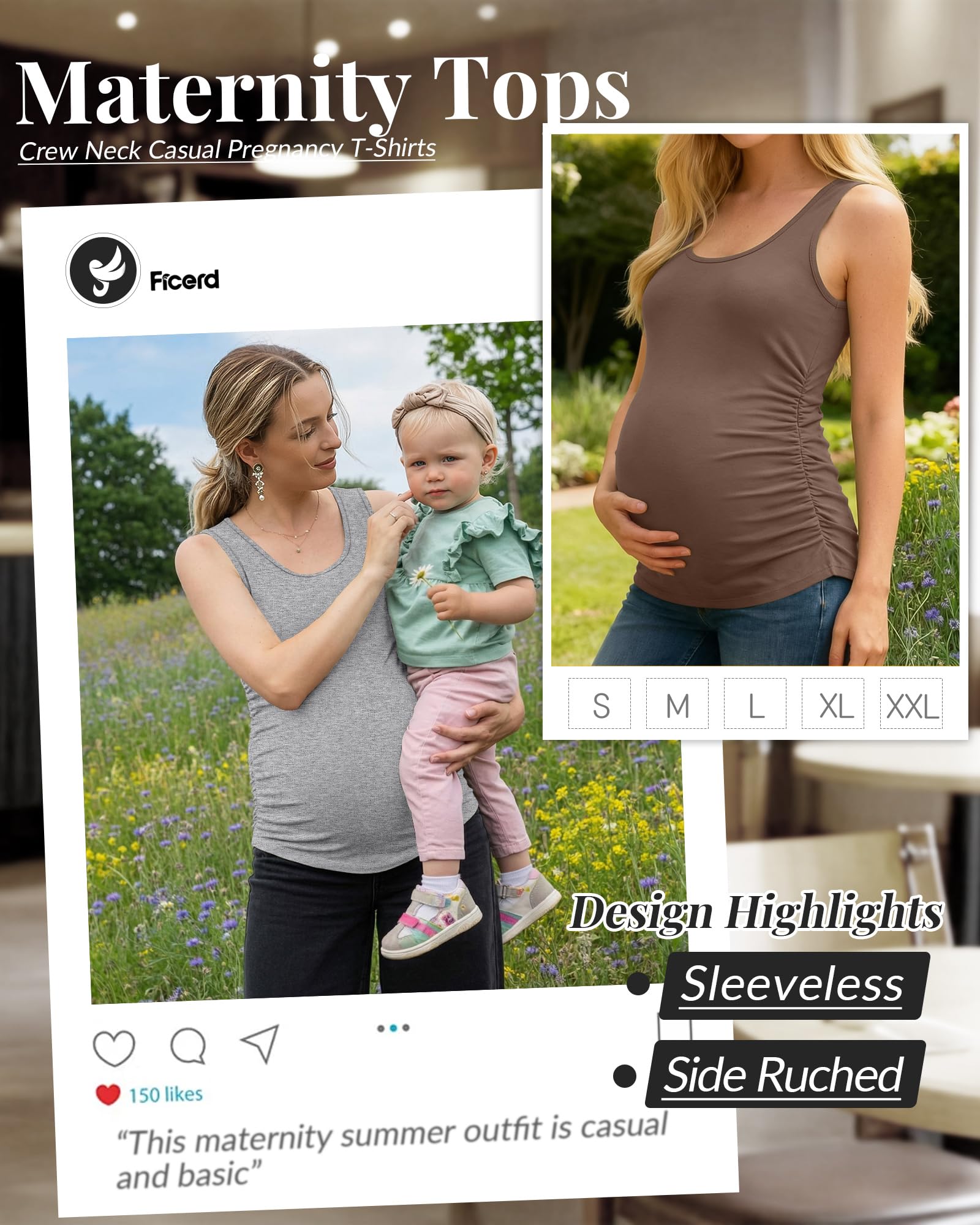 Ficerd Set da 4 Canotte Premaman Donna Senza Maniche con Arricciatura Laterale Girocollo Casual Estive Basic