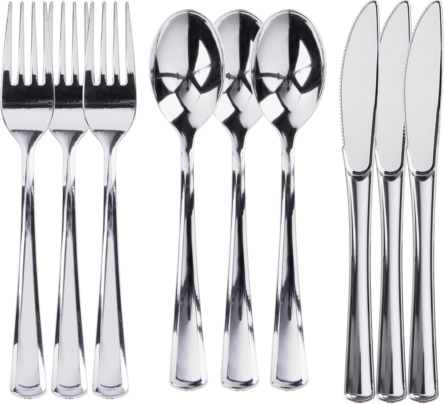 Prestee 600 Plastic Silverware Set, Silver Plastic Utensils, Disposable Flatware Set with Forks 200, Spoons, Knives, Heavy-Duty Bulk Silverwares for Christmas Parties and Events