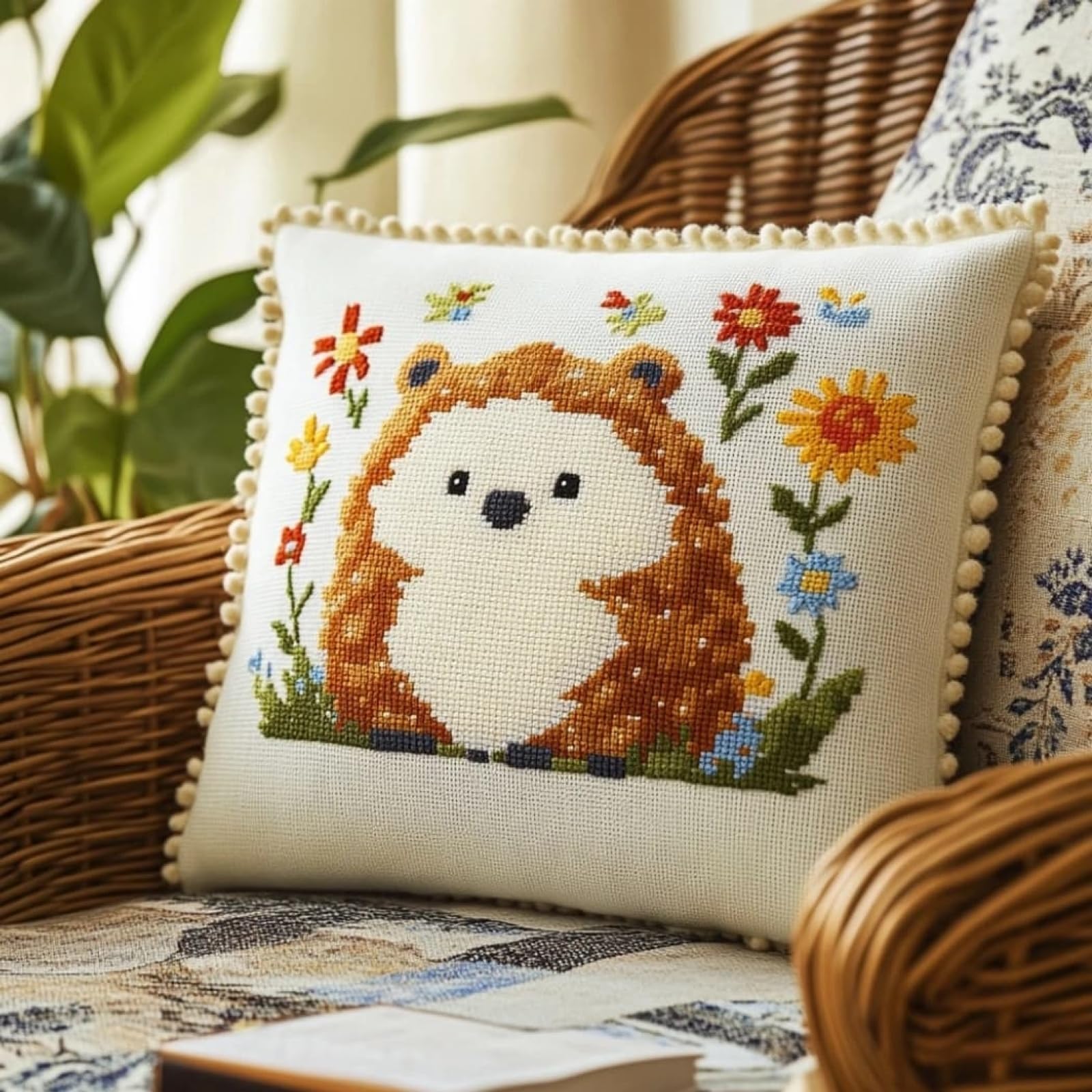 WallustrioaW Cross Stitch for Embroidery kit,Hedgehogs and Flowers,Fabric Throw Pillow Cushion Cover,45x45cm Cross-Stitching Embroider Needlework Kits