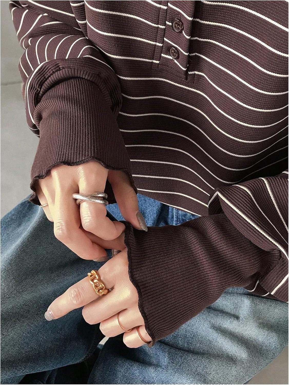 Women's Oversized Striped Tshirts Button Up Long Sleeve Top Crewneck Drop Shoulder Tee - Image 4