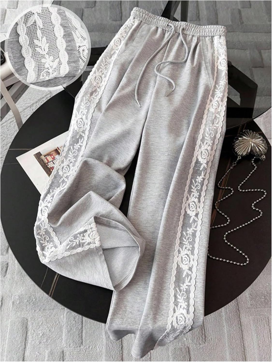 GORGLITTER Women's Lace Trim Wide Leg Sweatpants Y2k Baggy Sweatpants Aesthetic Workout Gym Joggers Trouser - Image 3