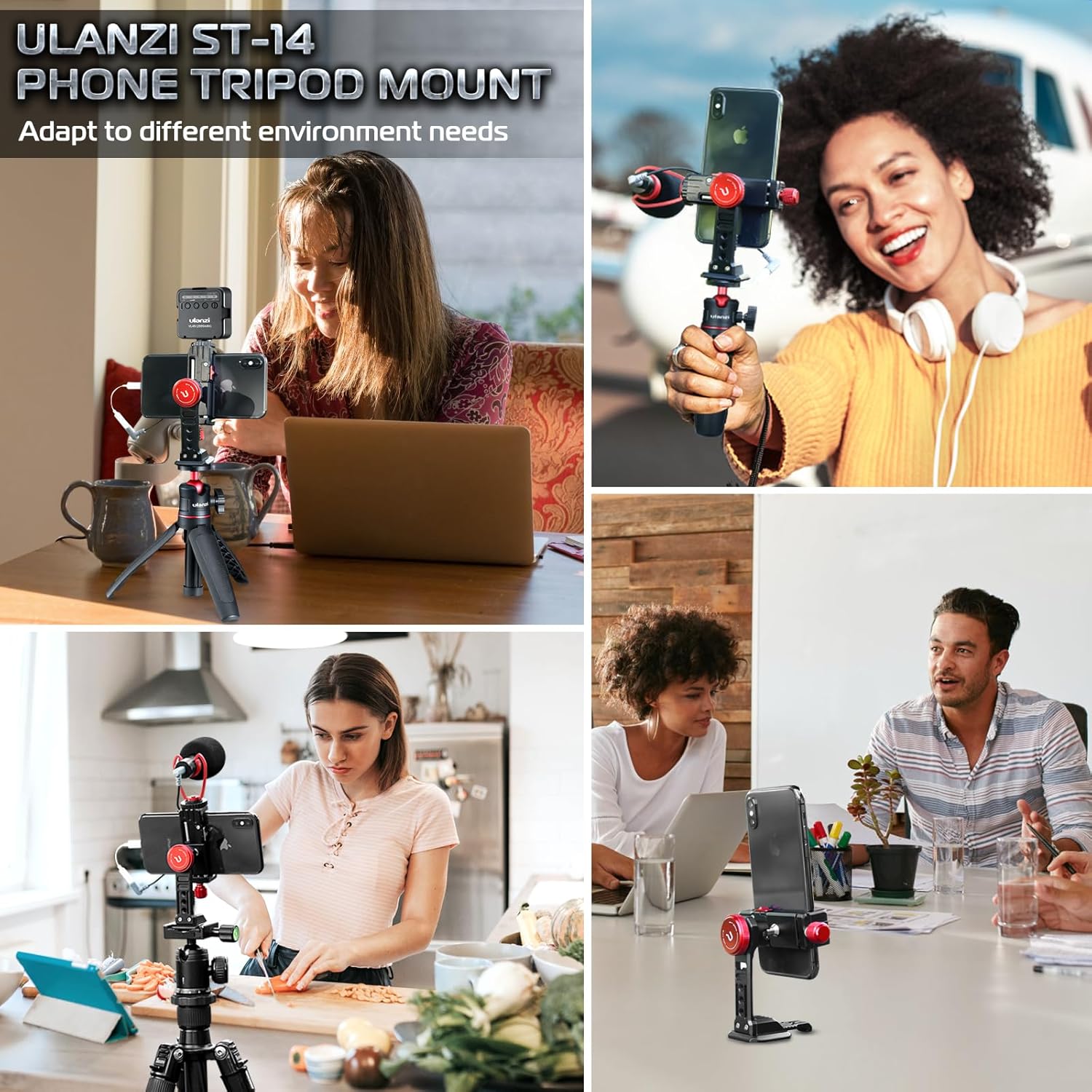 ULANZI ST-14 Phone Tripod Mount, Phone Holder for Tripod Aluminum, 360° Smartphone Tripod Mount w Cold Shoe, Adapter for iPhone 16, 15, 14, 13, 12, 11, Max, Pro, X, XR, Xs, 6, 7 Plus