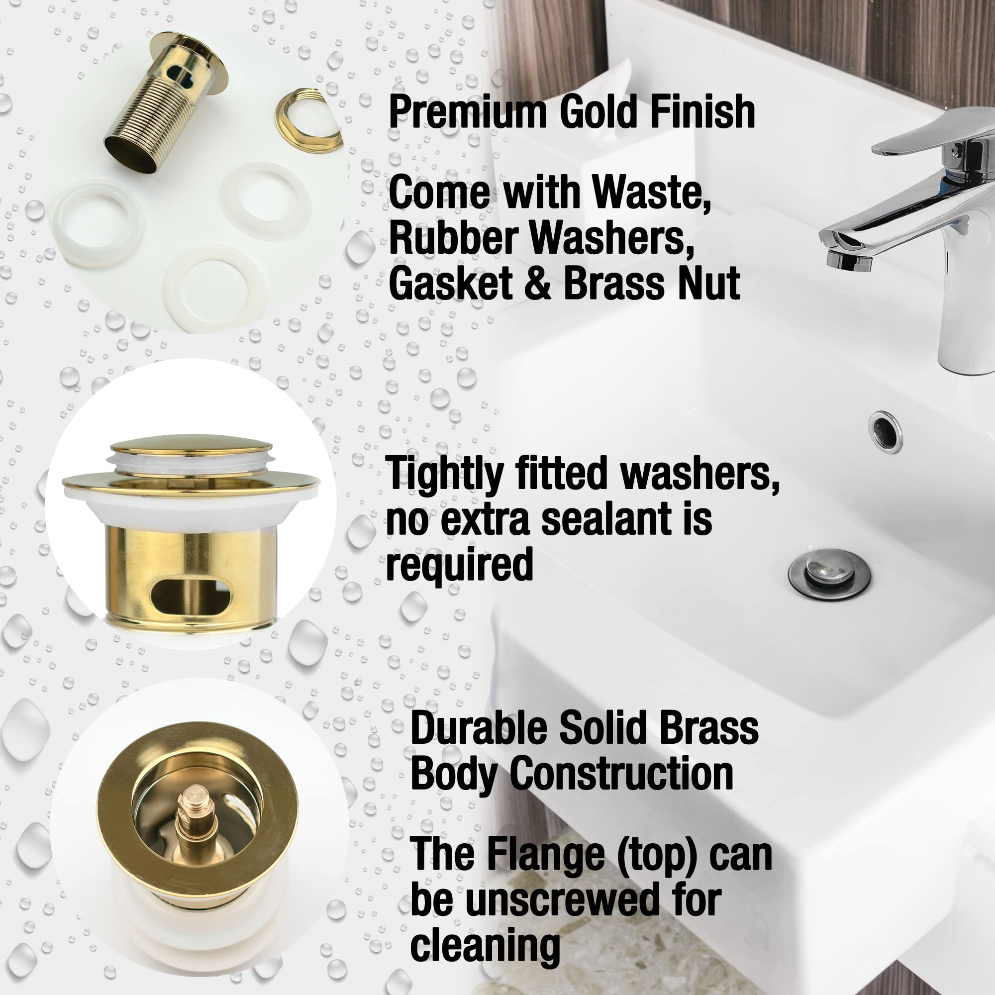 Xcel Home Gold Slotted Click Clack Basin Waste, Standard | Gold - Image 4