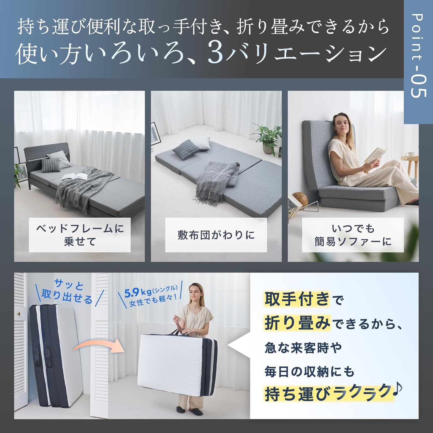 GOKUMIN 三つ折り マットレス ダブル【2層構造で選べる寝心地】折り畳み 10cm やや硬め 29D 240N 高反発 へたり