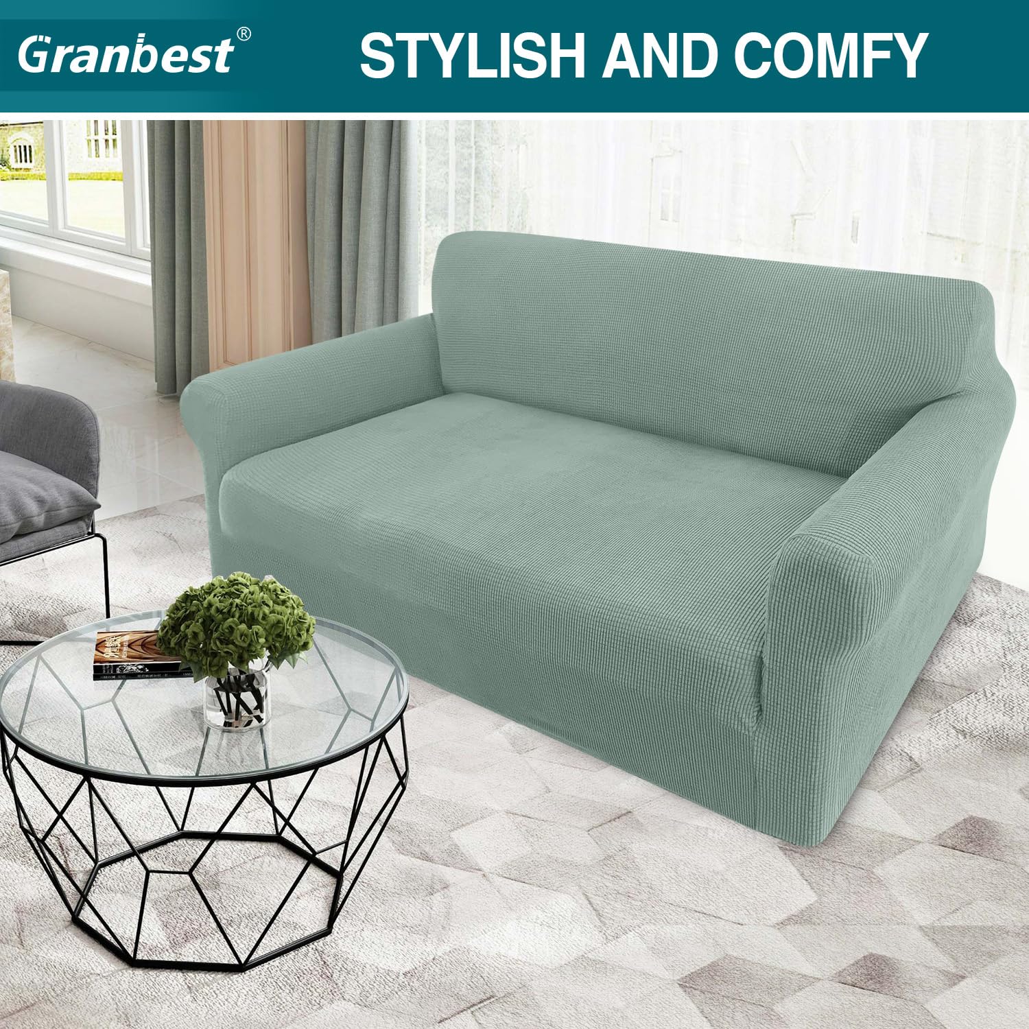 Granbest - Copridivano altamente elasticizzato, moderno, in tessuto jacquard, per soggiorno, funge da protezione per cani e animali domestici (2 posti, verde avocado)