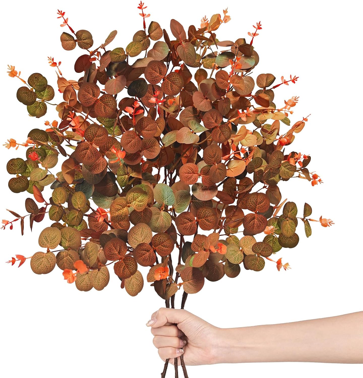 Fall Stems - Faux Eucalyptus Stems, Artificial Silk Plants Leaf Branches for Vase, Fall Decor for Table Centerpiece, Floral Arrangement, Home, Wedding, Party (Orange Brown, 3pcs, 31inch)