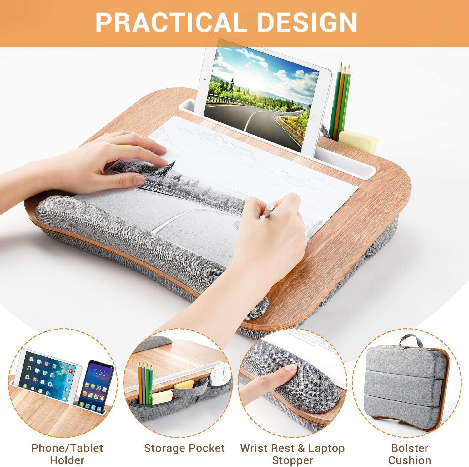 Lap Desk Height Adjustable - Fits up to 15.6 inch Laptop, Ohuhu Portable Wood Lap Laptop Desk with Soft Pillow Cushion, Anti-Slip Strip & Storage Pockets for Notebook, MacBook, Tablet Laptop Stand : Office Products