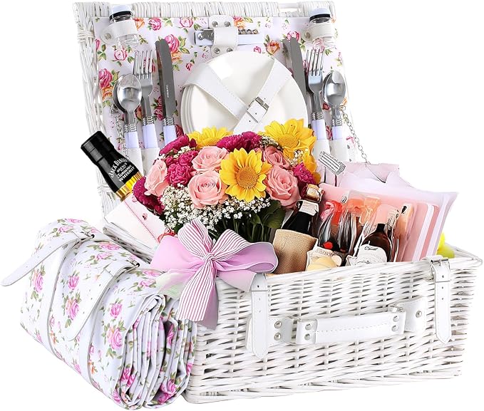 Wicker Picnic Basket for 4 with Waterproof Picnic Blanket and Insulated Cooler, Willow Hamper for Camping, Outdoors, Photoshoot, or a Birthday, Mother's Day, Wedding Gift, White