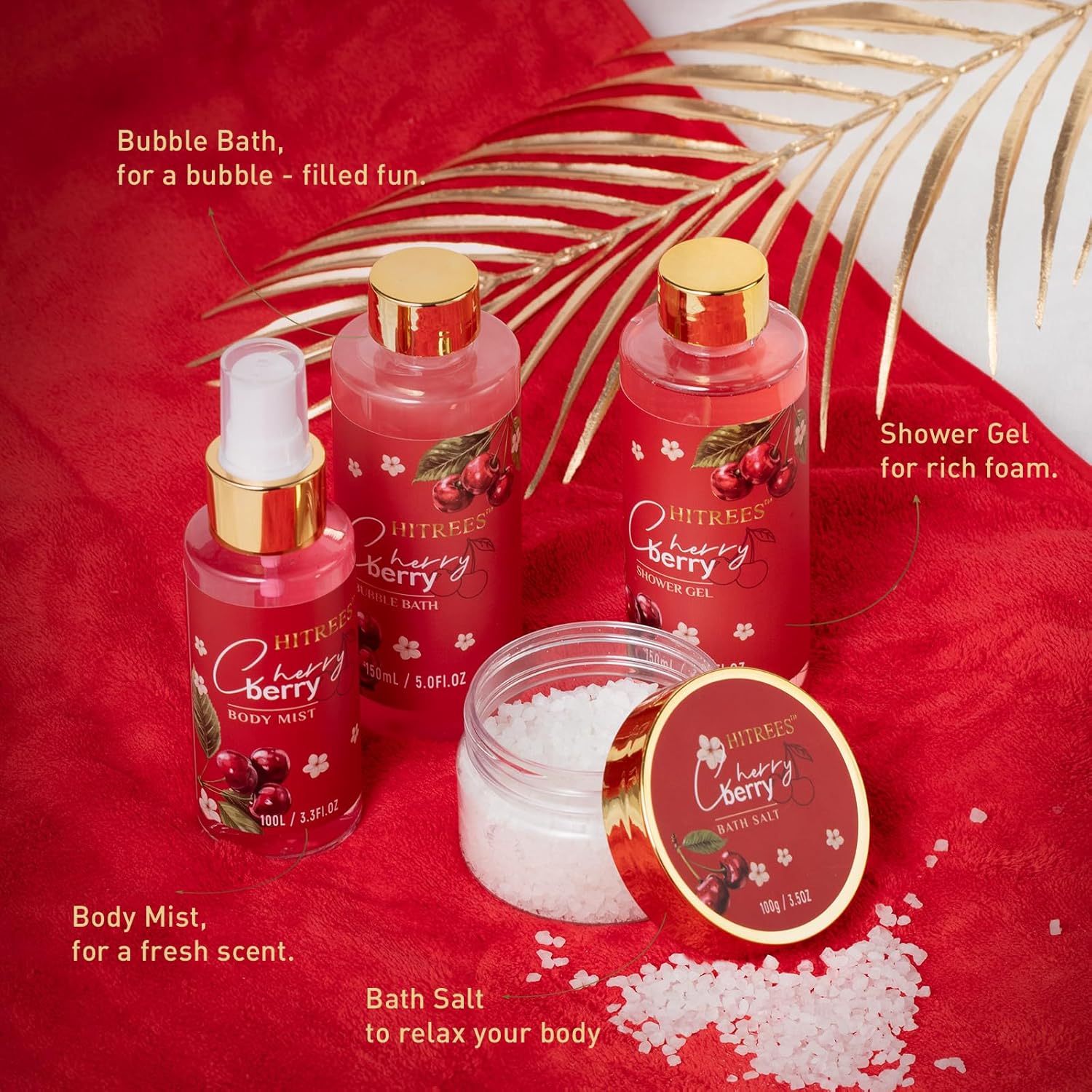 Spa Gifts for Women, Cherry & Berry Spa Gift Set for Teenage Tote Bag, Shower Gel, Hand & Body Lotion, Hitrees Birthday for Best Friend Woman, Mom, Mothers Day,Christmas Gift for Women