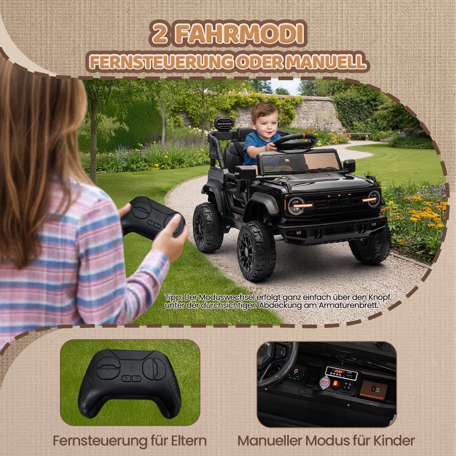Bonnlo Ferngesteuertes Auto Ford Bronco Raptor, Elektrofahrzeug ab 3 Jahren, Kinder Elektroauto mit Fernbedienung, 2 x 25W Motoren, Zwei Fahrmodi, Auto Spielzeug, 1 Sitzer, Schwarz