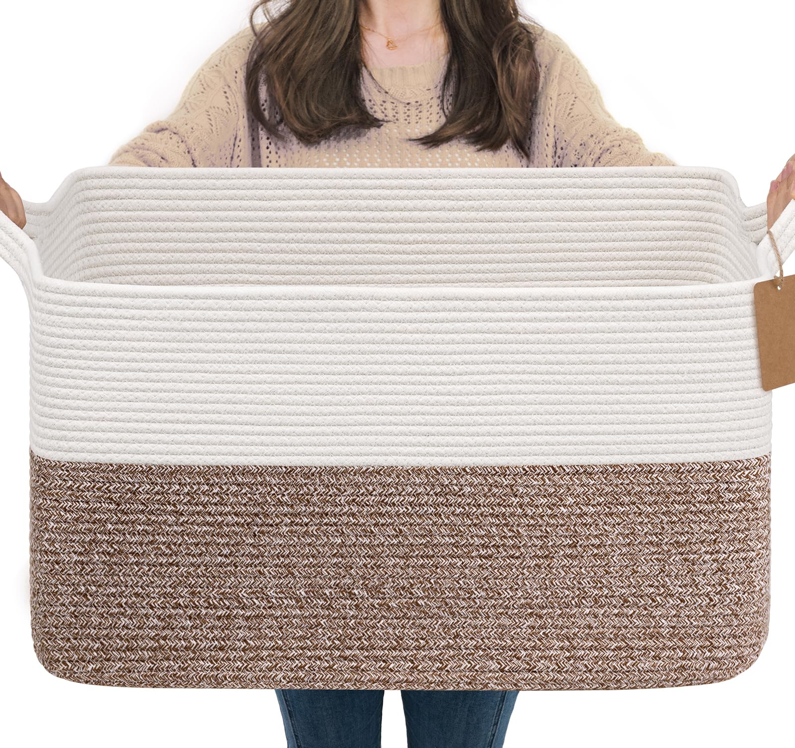 Goodpick 75L Extra Large Woven Rope Blanket Basket, Rectangle, Brown | 22" × 17" × 12" Decorative Storage Basket for Pillows &amp; Clothes, Fits Living Room &amp; Nursery Organization, Handles