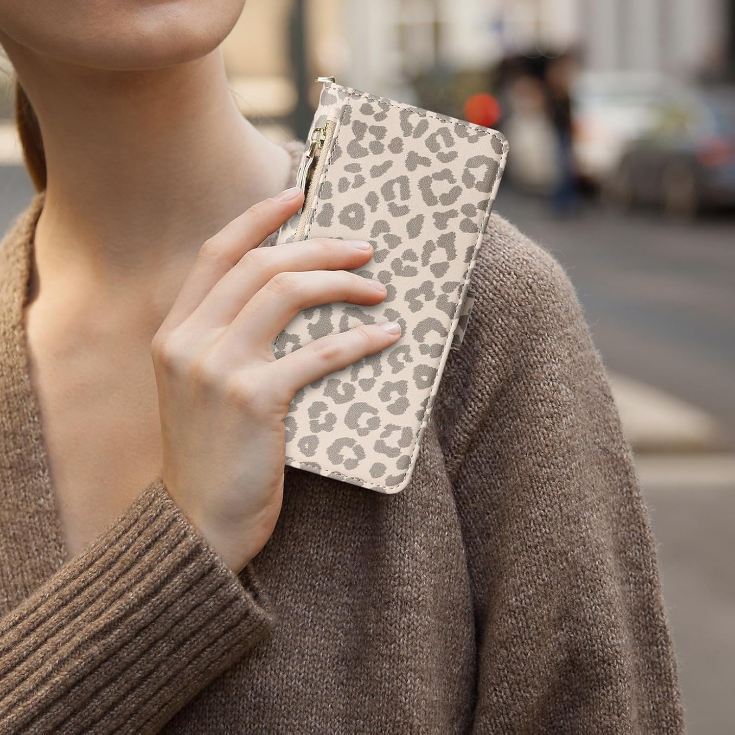 Jaorty for iPhone 16 Phone Case Wallet with Crossbody Strap, Shoulder Necklace Lanyard,flip Cover PU Leather, for Women Men, Zipper Pocket, Kickstand, Card Holder, 6.3" Beige Leopard