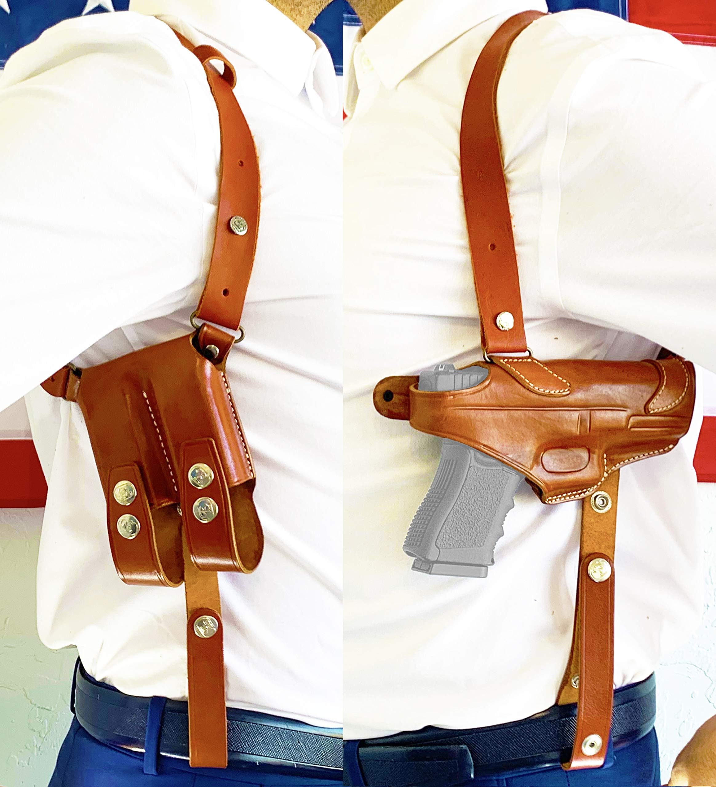 Aysesa Rig for Glock 19 Leather Shoulder Holster fits Many Glock Pistols Right Hand / Mag Pouches and Tie Down Straps Included Full Set (Tan Brown)