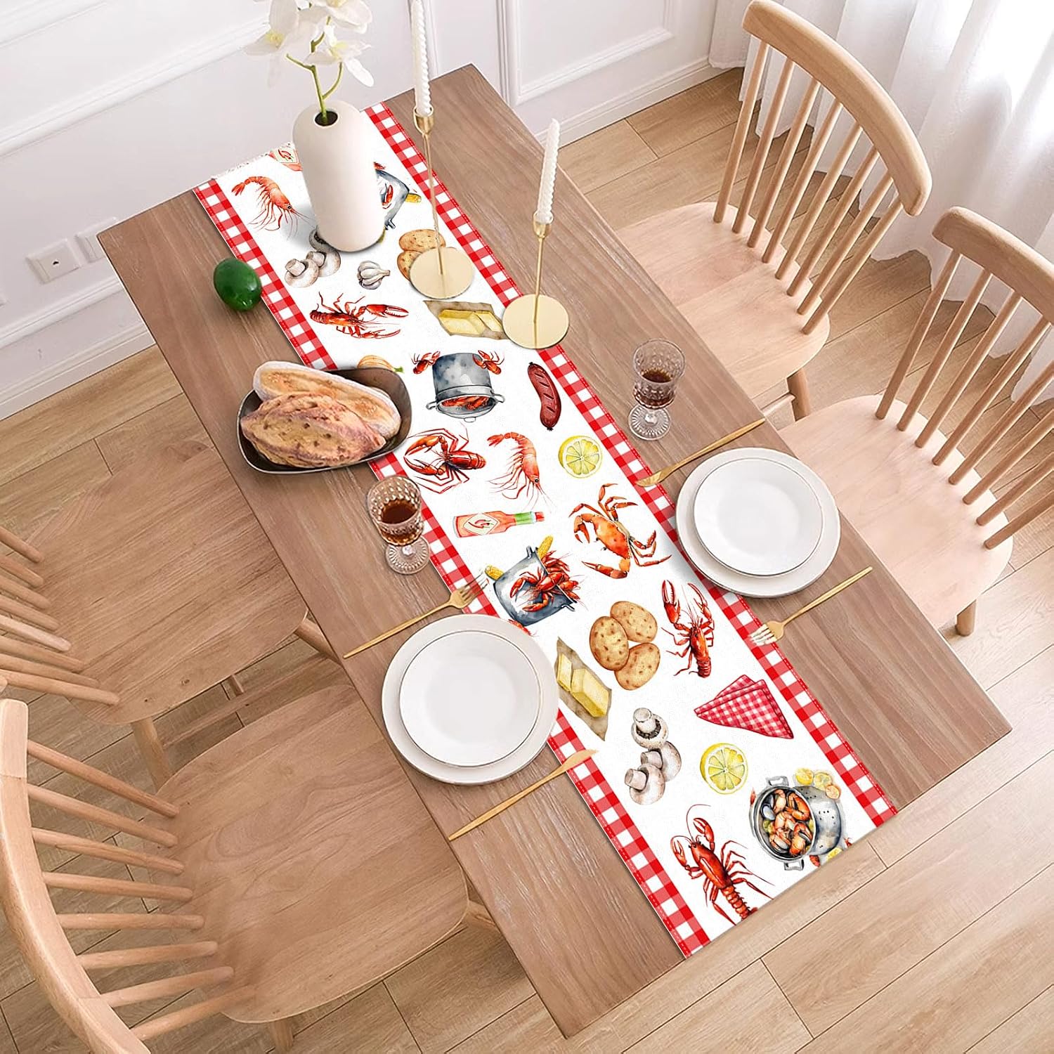 Crawfish Boil Table Runner Buffalo Check Lobster Crab Seafood Boil Themed Birthday Party Decoration Dining Room Home Kitchen Decor (13" x 72")