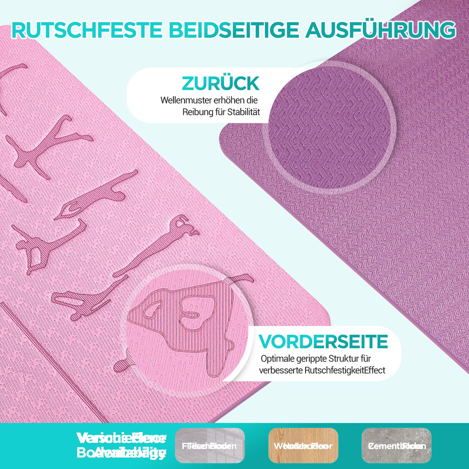 Yoga Matte, TPE 6mm Dicke Hautfreundliche Yogamatte Rutschfest Gymnastikmatte Pilates Gymnastik Meditation Stretching mit Trageriemen Home Workout Sportmatte 183x61cm