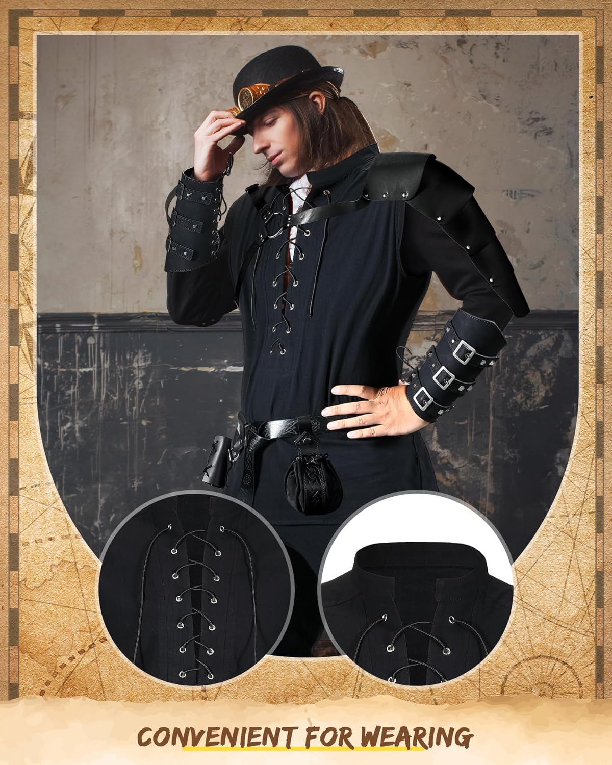 7 Pcs Halloween Men's Renaissance Costume Set Shirt Pants Belt Shoulder Armor Pouch Bracer Sword Bag