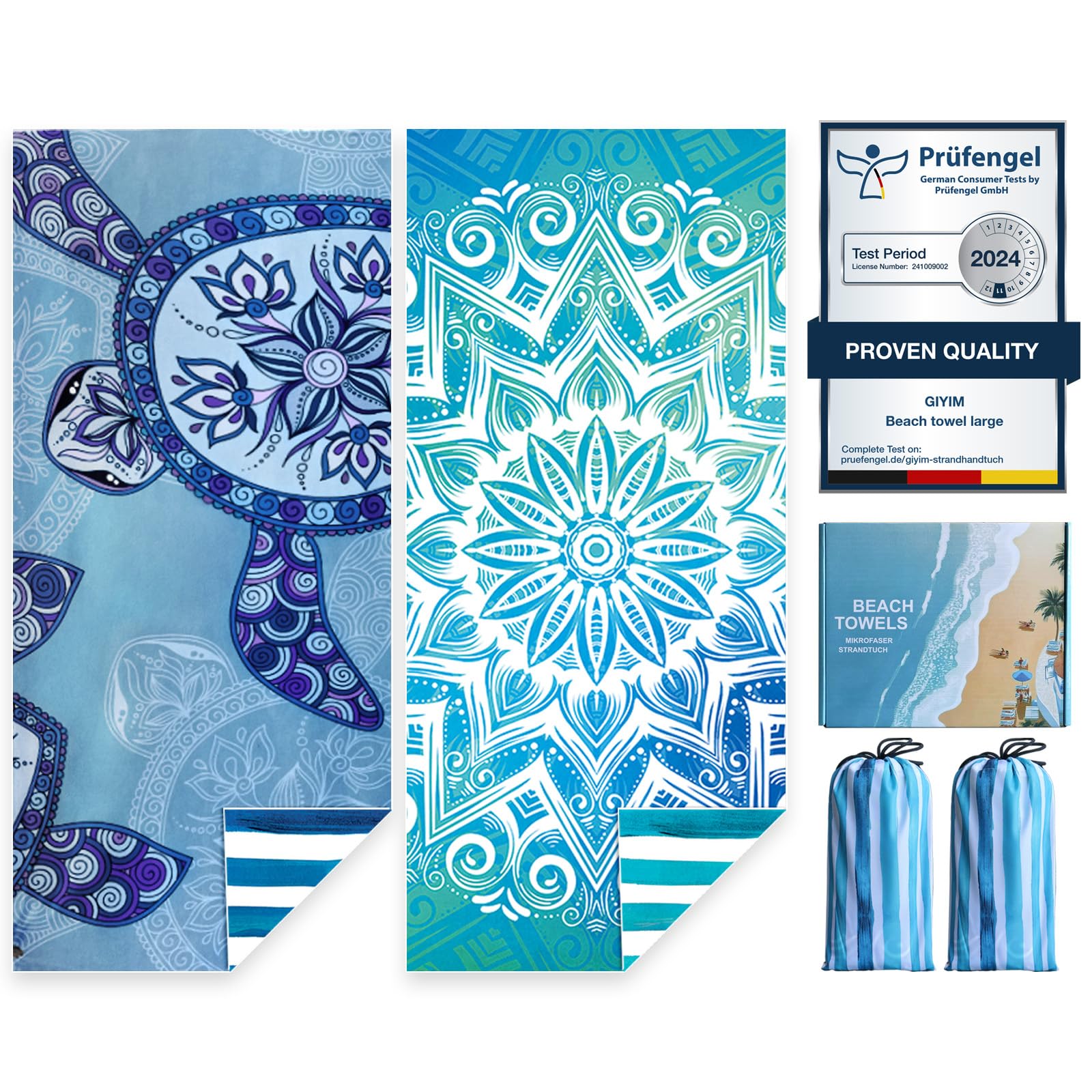 Beach Towels Oversized - 2 Pack 71"x 39" 250GSM Microfiber Beach Towels for Adults, Lightweight Quick Dry Absorbent Compact Sand Free Beach Towel for Swimming Pool, Camping, Yoga, Travel