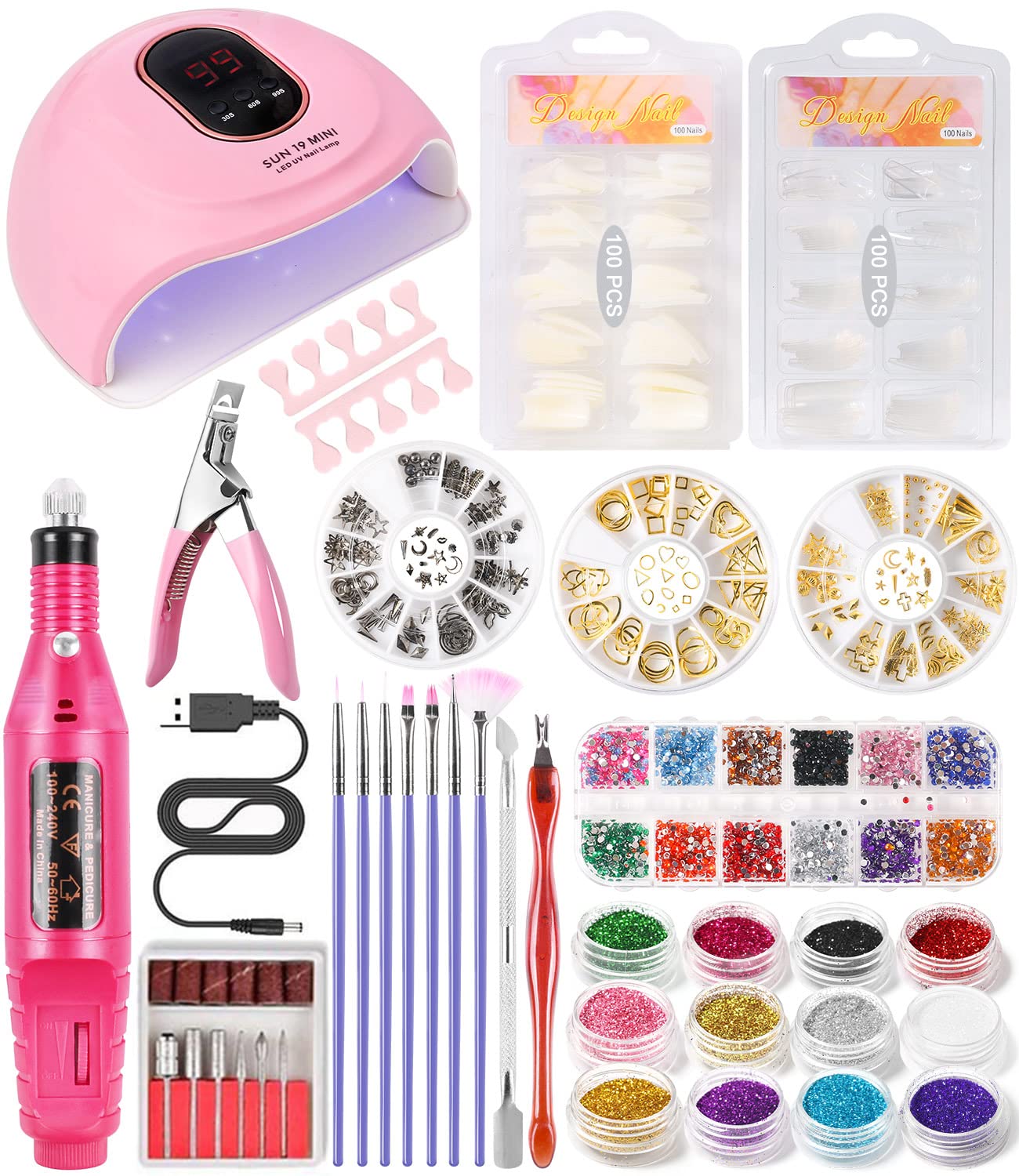 DouborQ Nail Kit with Electric Nail Drill UV LED Nail Lamp,72W UV Nail Dryer Light Manicure Pen Polishing Tools,False Nail Tips Starter Set Acrylic Nail Art Supplies for Beginner with Everything
