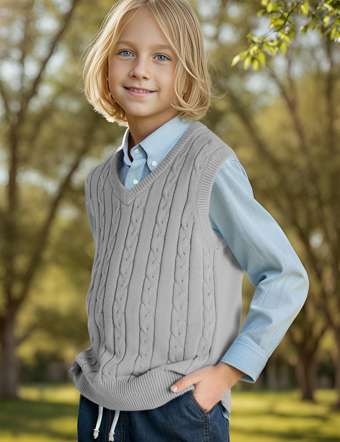 BOBOYOYO Boys Sweater Vest Unisex Cable Knit 100% Cotton Toddler Uniform Vest for Little Big Childrens Kids Teenage Girls - Image 5