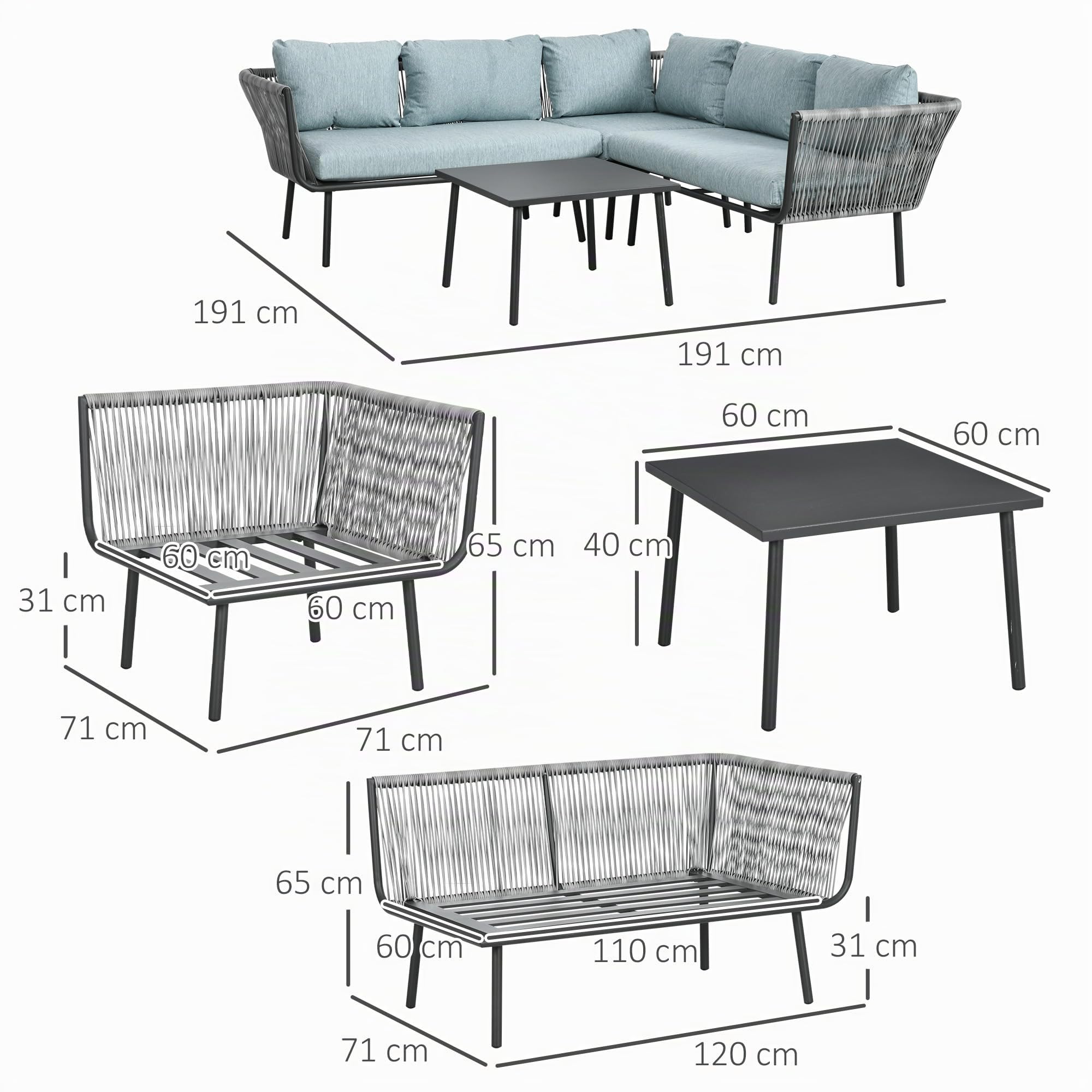 Outsunny Set da Giardino 4 Pezzi in Rattan e Alluminio, Set da Esterno con Tavolino da Caffè, 2 Divani ad Angolo e Poltroncina, Nero Grigio e Blu | Set da Esterno, Tavolino da Caffè, 2 Divani ad Angolo, Poltroncina