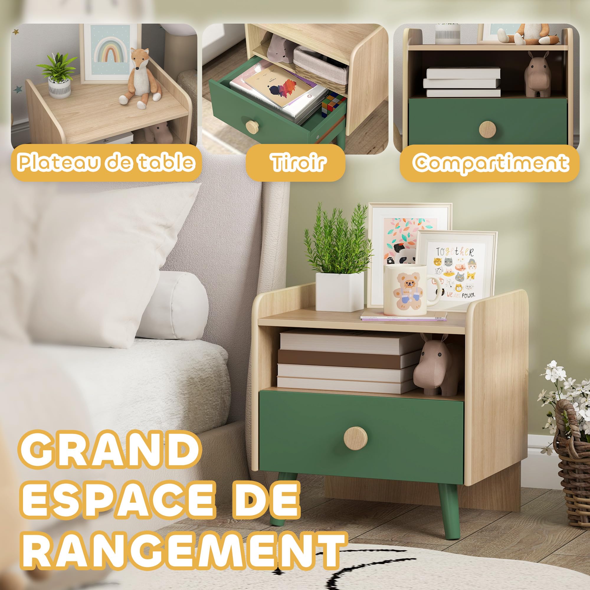 AIYAPLAY Lot de 2 Tables de Chevet Enfant, Tables de Nuit Enfant avec tiroir et Niche, Petite Table d'appoint en Bois pour Chambre d'enfant, 40L x 32,5l x 40H cm, Vert