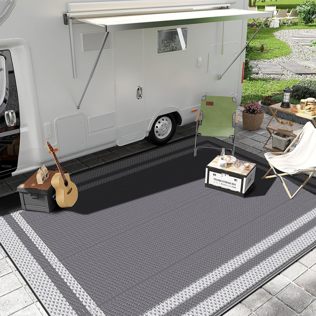 Hiseng Tappeto da Esterno Impermeabile Plastica Grigio Moderno Grande Reversibile Resistente UV Pieghevole Patio Campeggio 183x274cm