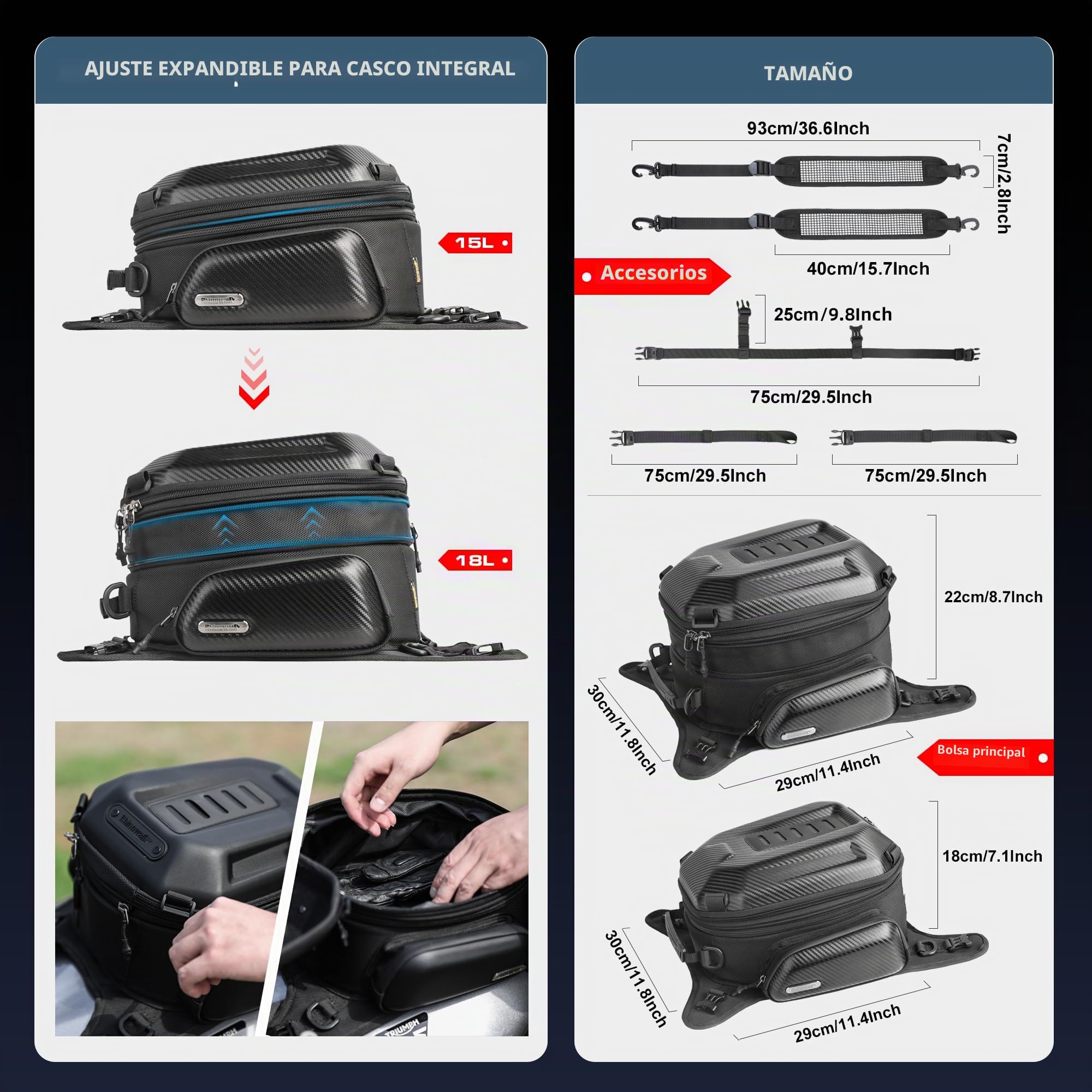 Rhinowalk Bolsa de Depósito de Motocicleta, Carcasa Dura, Impermeable, Expandible, 15-18 L - Almacenamiento para Asiento y Equipaje