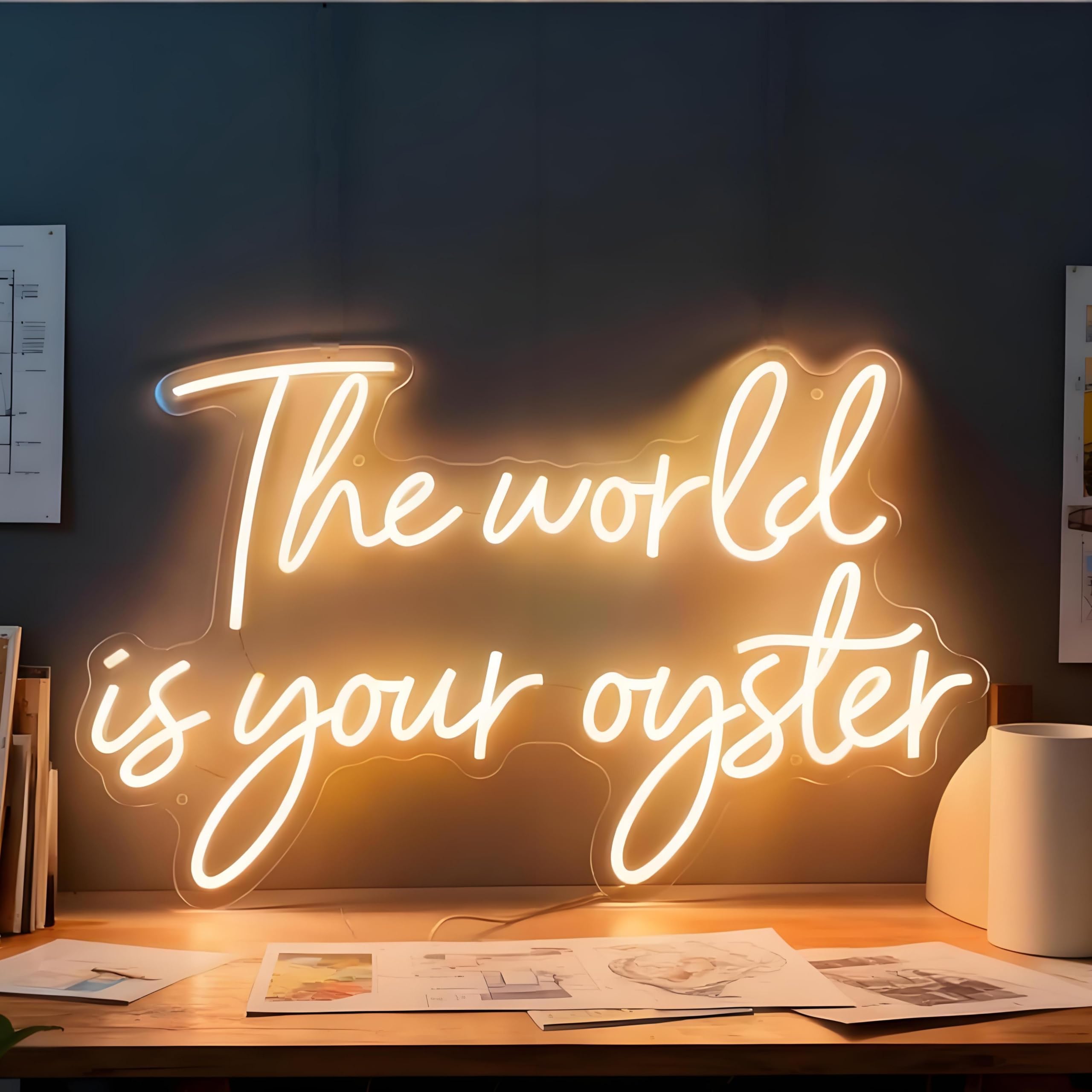 The World Is Your Oyster Neon Sign, USB Powered Dimmable Decorative Neon Light for Home Bedroom Living Room Office Wall Table Decor Inspirational Quote Light Up Sign 20.1 x 13.4 In