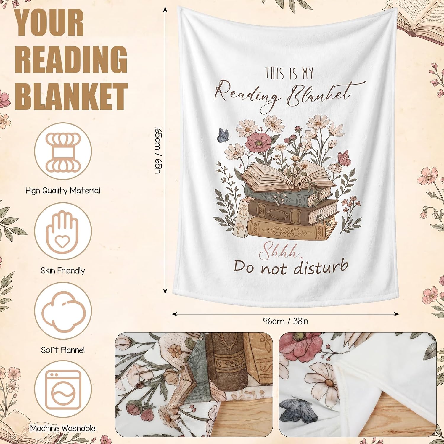 Breling 5pcs Book Lover Gifts Set for Women, Reading Gifts for Book Lovers, with Flannel Reading Blanket Tote Bag Spiral Notebook Pen Keychain for Teacher, Friends, Readers, Mother