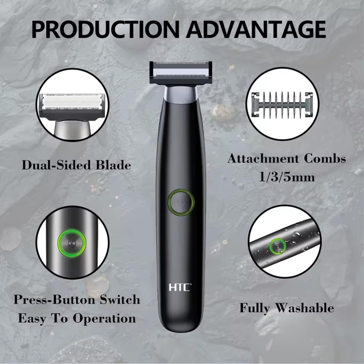 HTC GT-288 Shaver features: Dual-Sided Blade, Attachment Combs, Press-Button Switch, Fully Washable