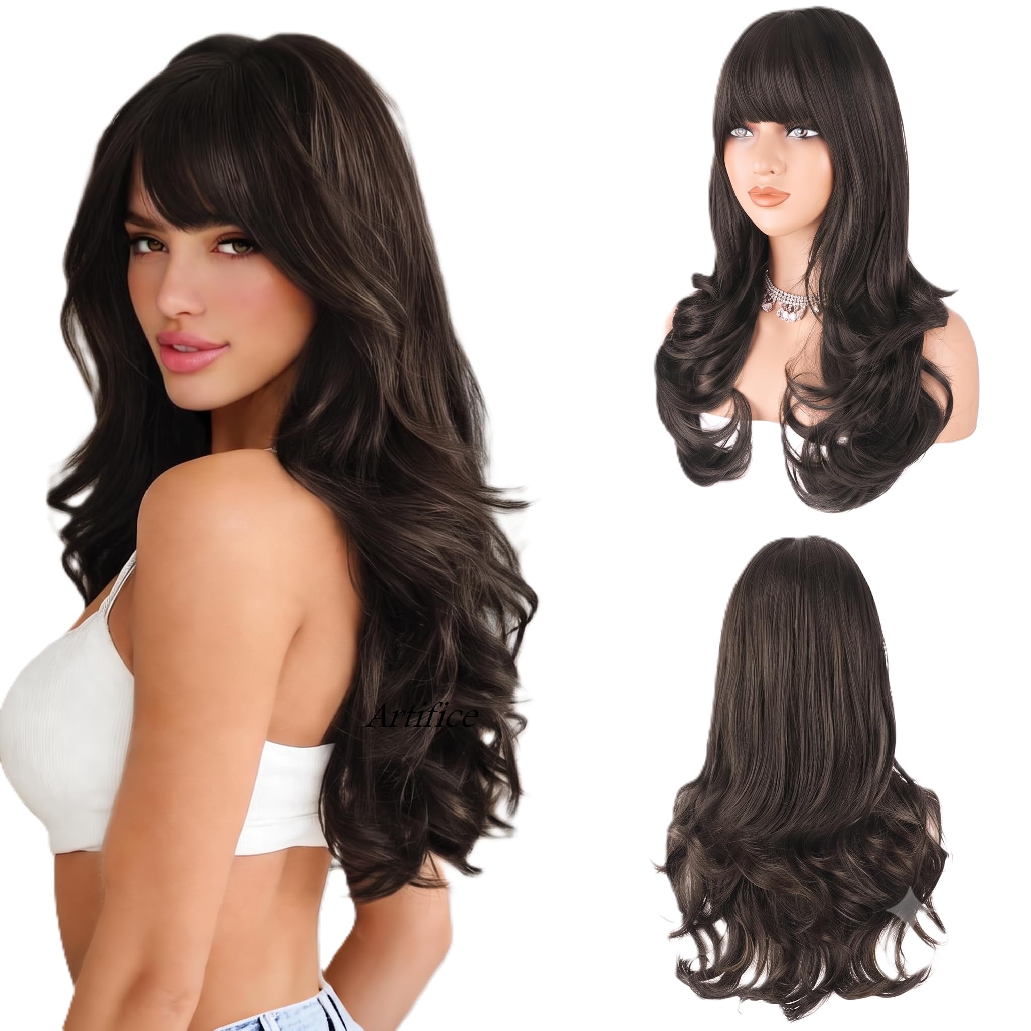 Artifice 26inch Hair Wig with Bangs for Women Long Wavy Curly Wavy Synthetic Extension for Girls Daily Party Use with Wig Cap NATURAL BROWN-image-7