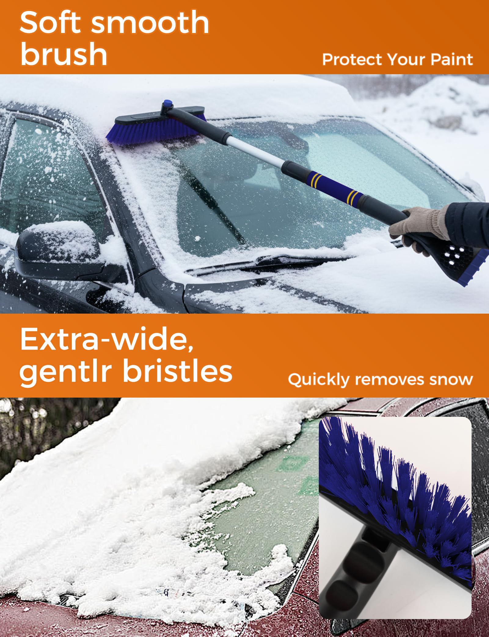Rascador de hielo extensible de 34 pulgadas para parabrisas de coche, cepillo de nieve 2 en 1, rascador de nieve para coche, rascador de nieve y arrastre con agarre ergonómico de espuma para