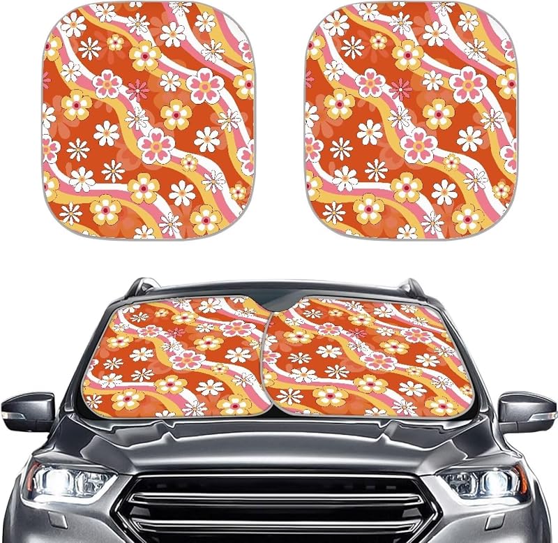 Protetor Solar para Para-brisa Renewold com Estampa Hippie Flower, Dobrável em 2 Peças, Poliéster 240T