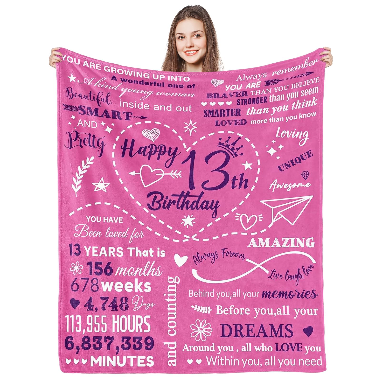 twirush 13th Birthday Gifts for Girls, Birthday Girl Blanket 150 * 130Cm, Beautiul Gift for 13 Year Teenager, Gifts for Girls, Sister, Daughter on Birthday