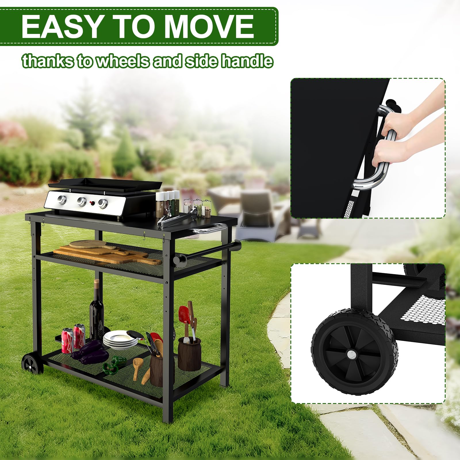 Carrito de barbacoa de metal, 3 niveles, carrito de cocina, con soporte para toallas de papel y ganchos, mesa auxiliar para exteriores (negro)