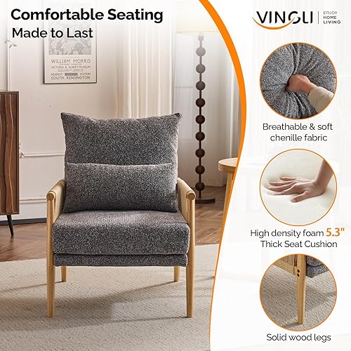 Miniatura 7 de VINGLI Juego de 2 sillones bohemios trenzados, diseño moderno de mediados de siglo con reposabrazos de madera maciza, cómodas sillas acolchadas con