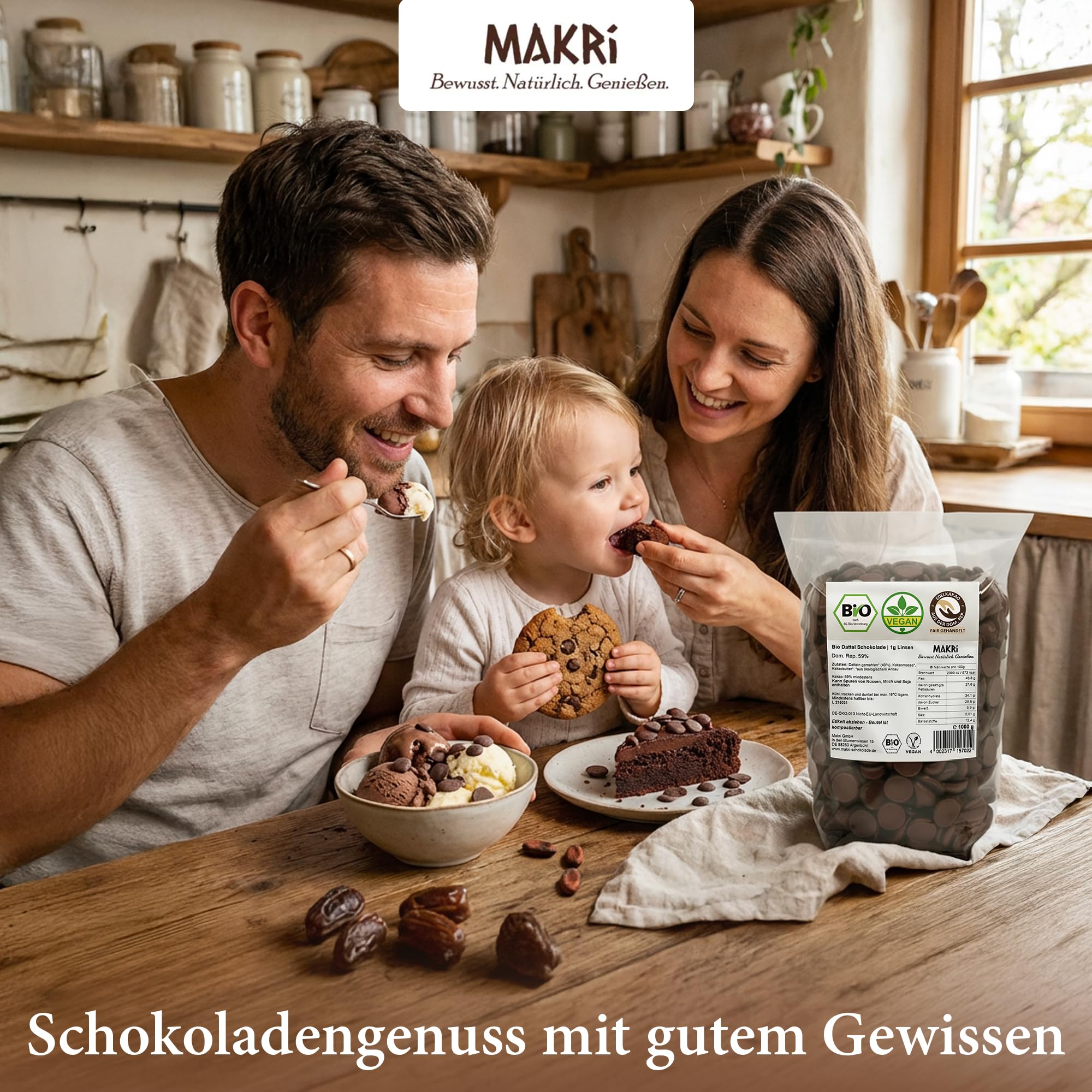 Makri Dattelschokolade Schokodrops 59% Kakao Vegan Bio Fair gehandelt ohne raffinierten Zucker 1 kg