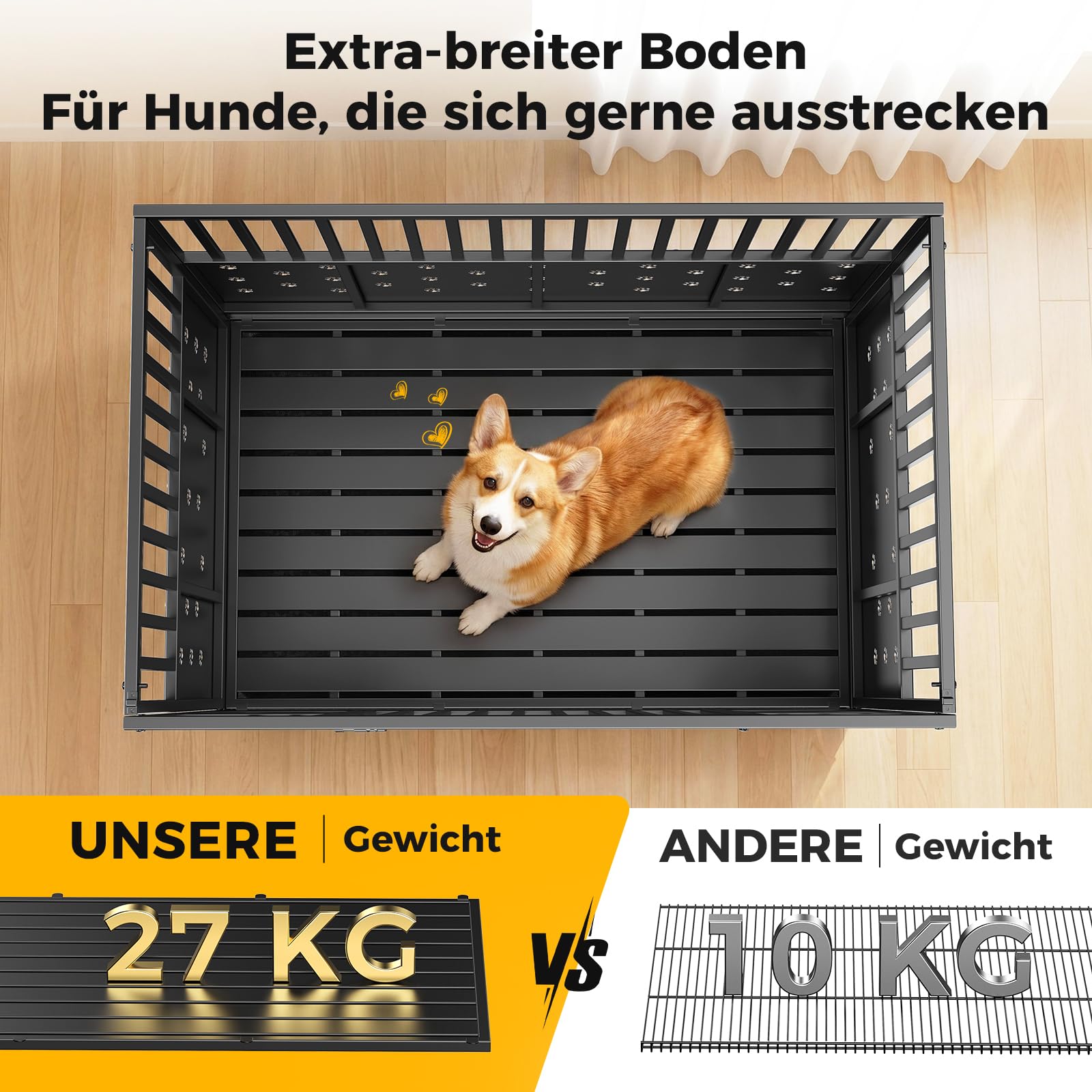 121 x 78 x 93 cm Hundekäfig hochbelastbar für große Hunde, Bissfeste Paneele, Einstellbare Innenhöhe, Hundekäfig mit 4 Arretierbare Rollen, Verbreiterter Komfortboden, Extra Breite Tür, Haustierkäfig