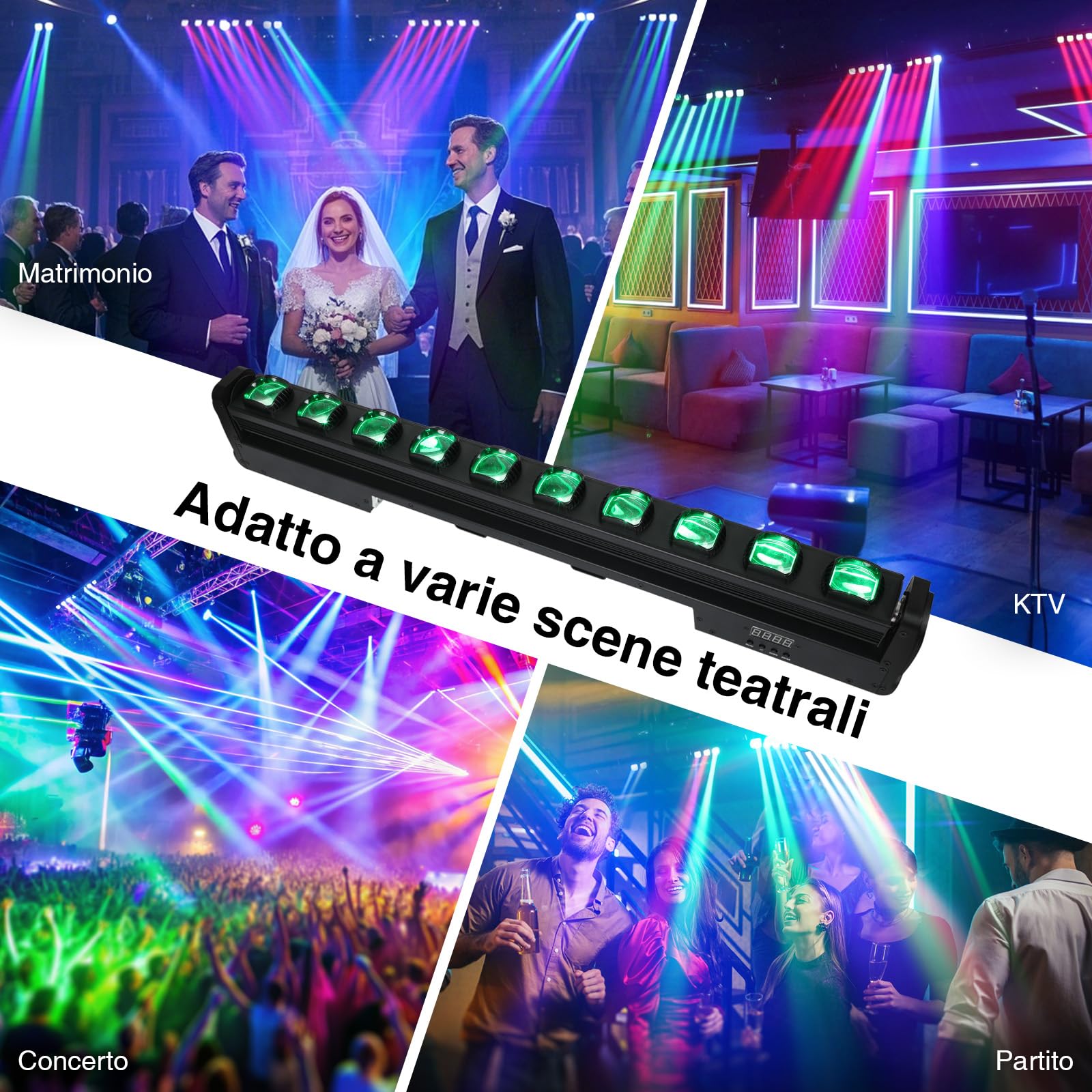 BETOPPER Teste Mobili Barra LED RGBW 10x15W, Luci DJ Professionale con 10 Eye, Beam/Strobe DMX 512 & Attivazione Sonora,Luci da Discoteca per Concerti, Eventi, Teatro, Club, Feste (98.5CM)
