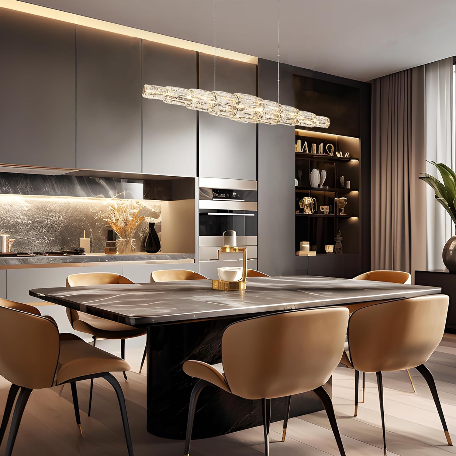 ksana gold led crystal chandeliers for dining room, 42.5'' plating brass dining room chandelier over table, 3000k, modern glam large linear kitchen island lighting