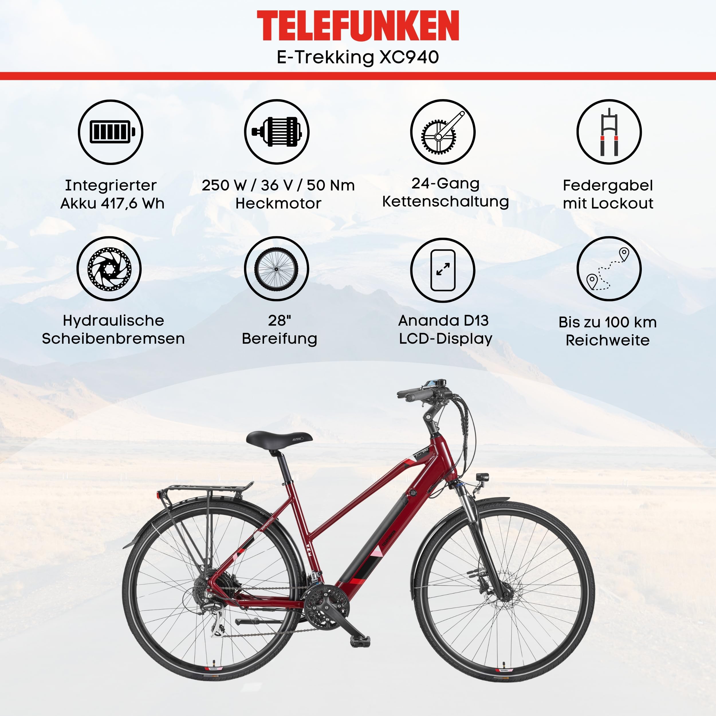 TELEFUNKEN E-Bike 28 Zoll Fahrrad für Damen & Herren | Trekking Pedelec mit 8-Gang / 24-Gang Kettenschaltung & Scheibenbremsen | Elektrofahrrad mit 250 W Heckmotor & integriertem 417,6 Wh Li-Ion-Akku