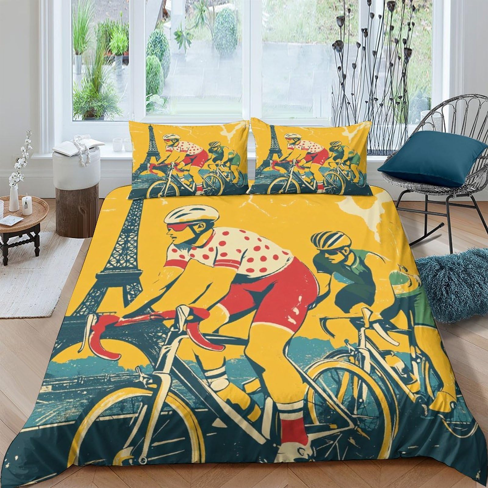 Ctjqhvkz Style-5 3D Printed Tour De France Cyclist Fitted Sheet Microfiber Yellow Retro Bike Bed Cover For Bedroom Guest Room Decor Single（135X200cm）