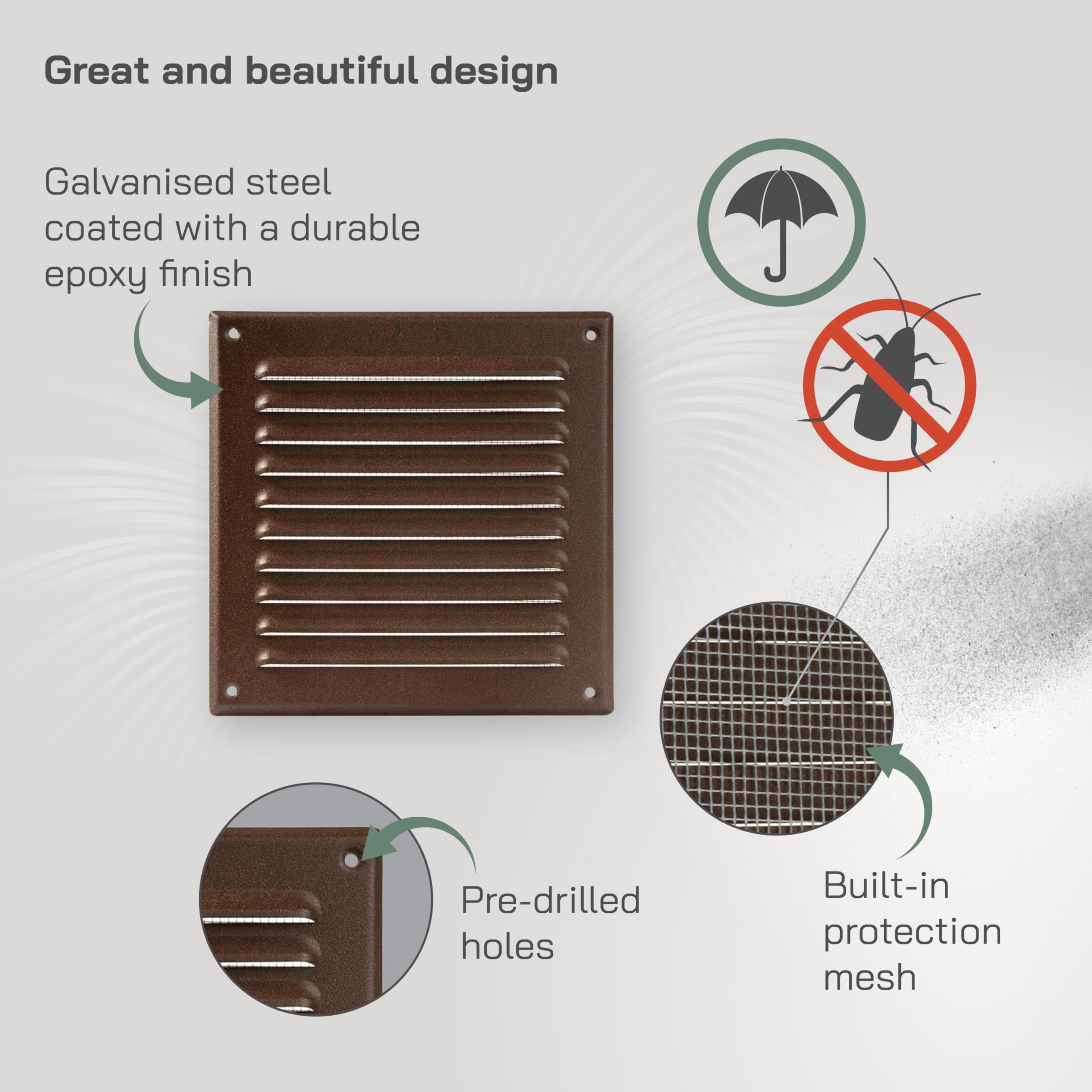 Vent Systems 195 x 195 mm Scratch Resistant Brown Soffit Air Vent Cover, Square Metal Louvered Gable Vent with Mesh Screen - Image 3
