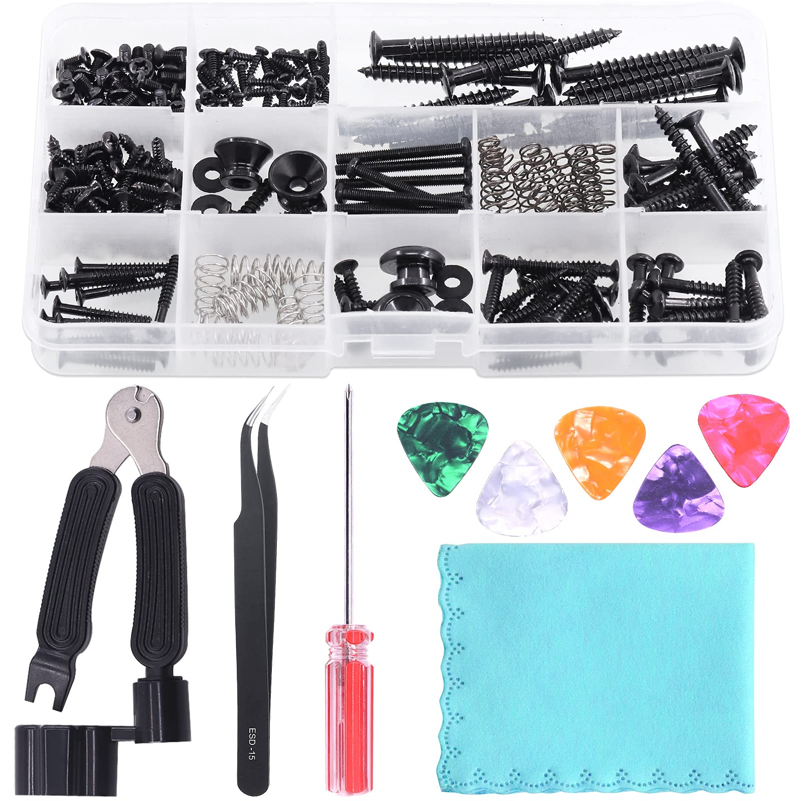 Tanstic 271Pcs Electric Guitar Screws Kit with Springs, Tweezers, Screwdriver, 3Pcs Heart Shape Picks, Cleaning Cloth