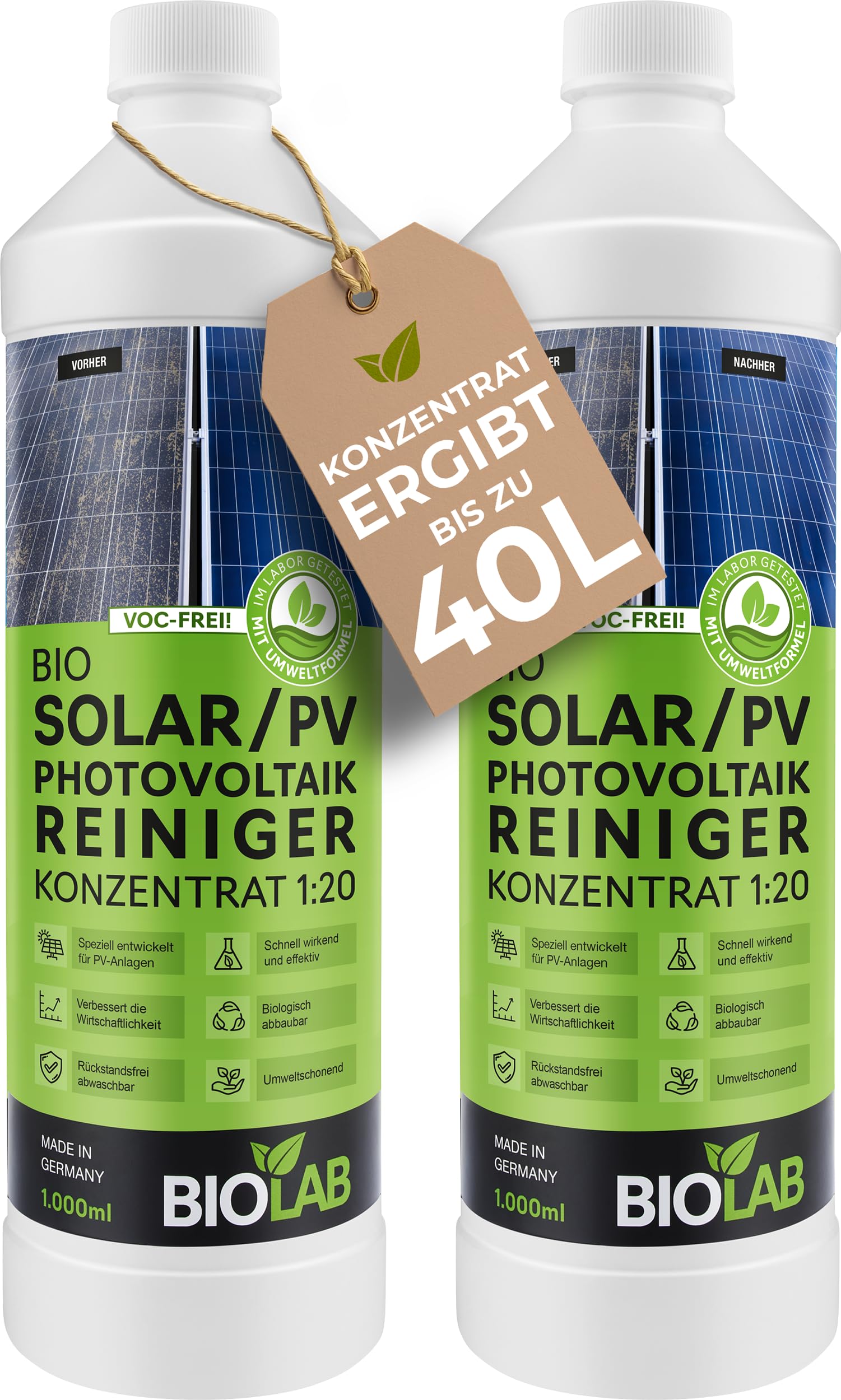 BIOLAB Detergente solare e fotovoltaico concentrato 1:20 (2 x 1 litro) per la pulizia di impianto solare, impianto fotovoltaico, pannello solare, pannello solare, impianto fotovoltaico, impianto