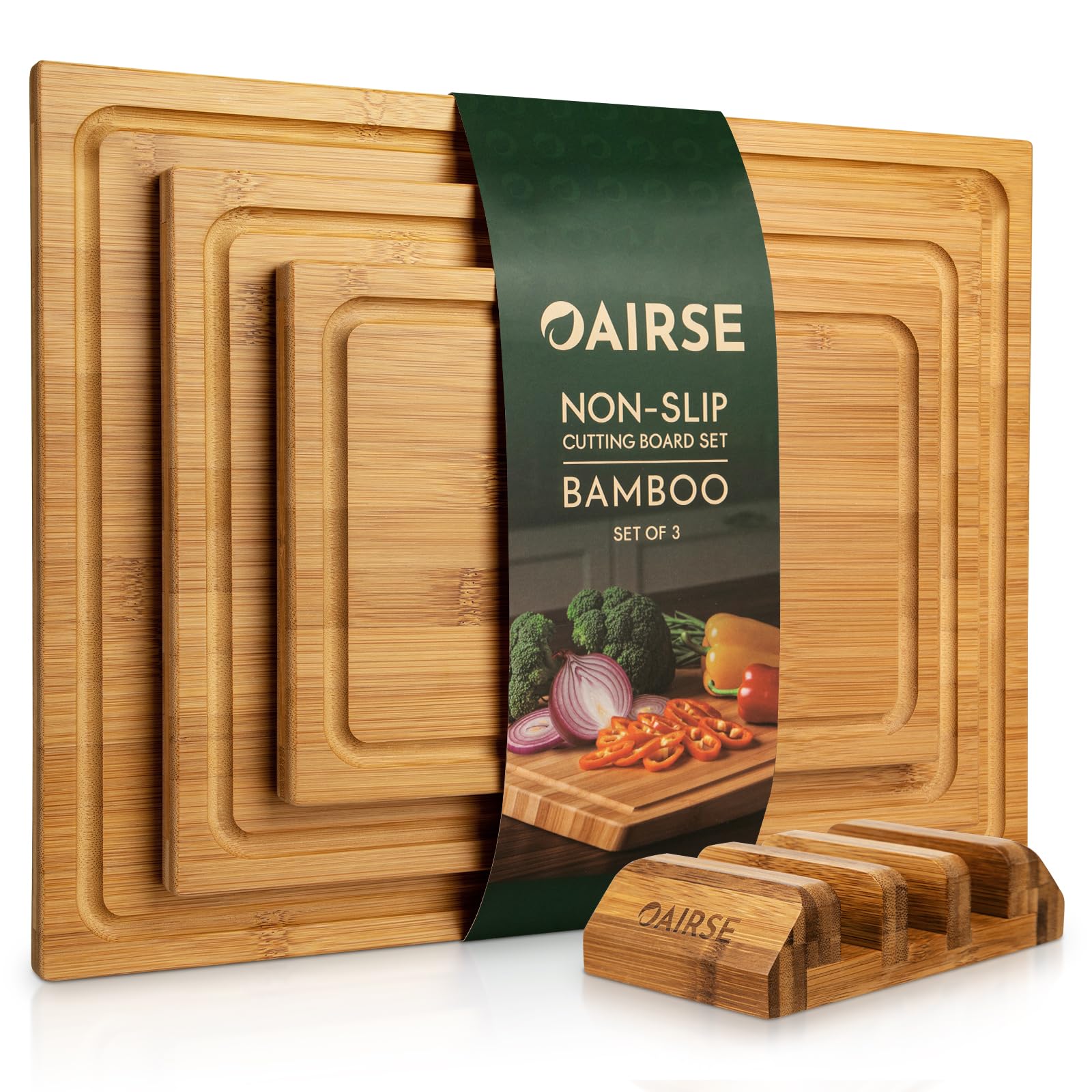 Set di 3 taglieri grandi in bambù per cucina, con scanalature per succhi e supporto, set di taglieri da cucina con supporto, tagliere in bambù per carne, verdura, frutta
