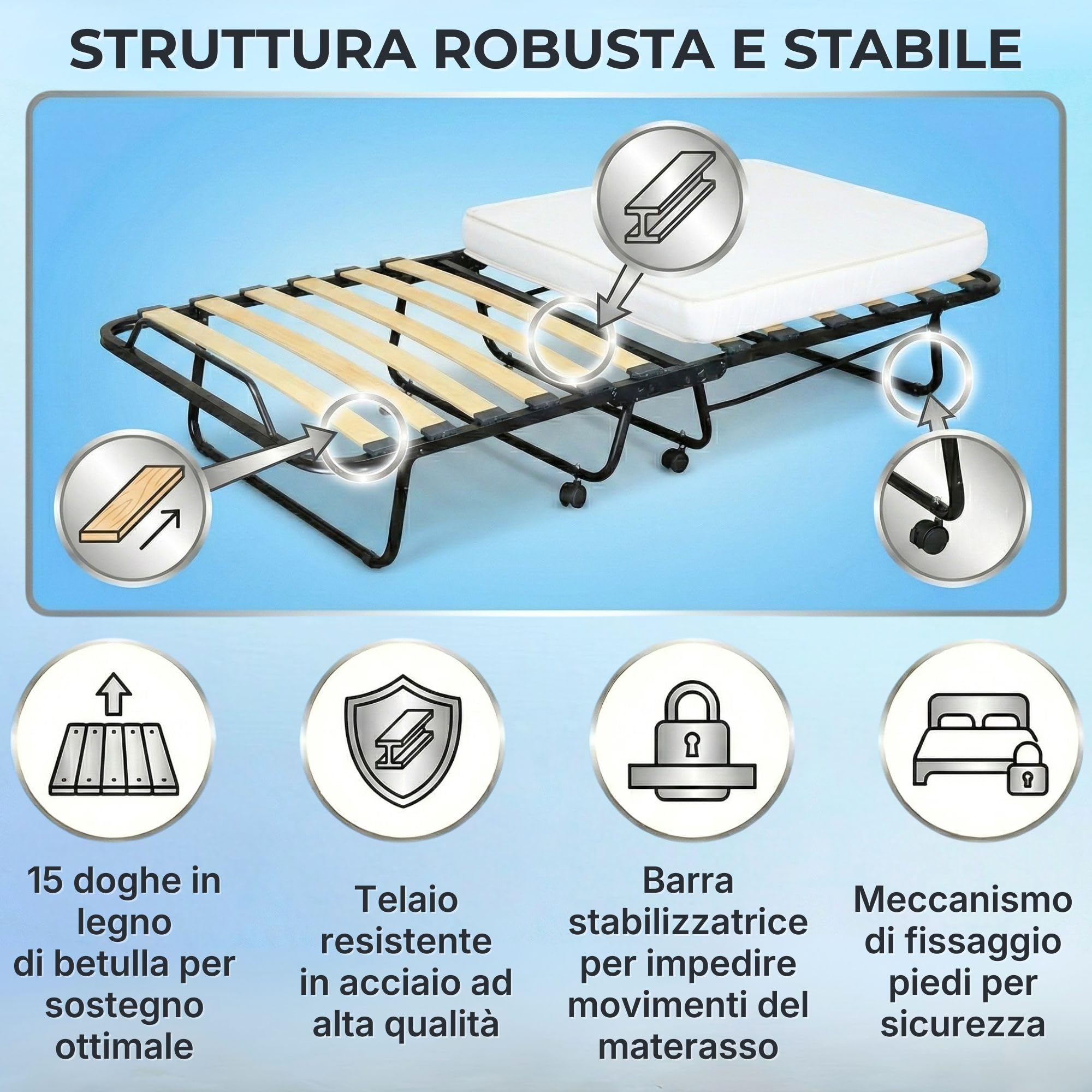 SEDIAOFFICE - Brandina Pieghevole con Materasso e Apertura Automatica Made in Italy, Letto Singolo a Scomparsa (80x200) Letto Pieghevole Singolo con Materasso Alto 10cm (Bianca, 15 Doghe)